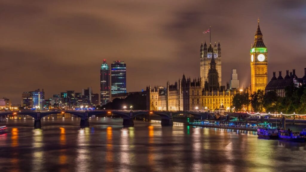 London skyline at night with the Houses of Parliament and Big Ben