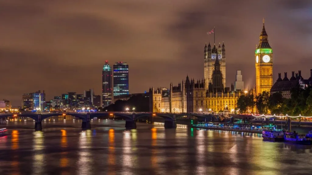 London skyline at night with the Houses of Parliament and Big Ben